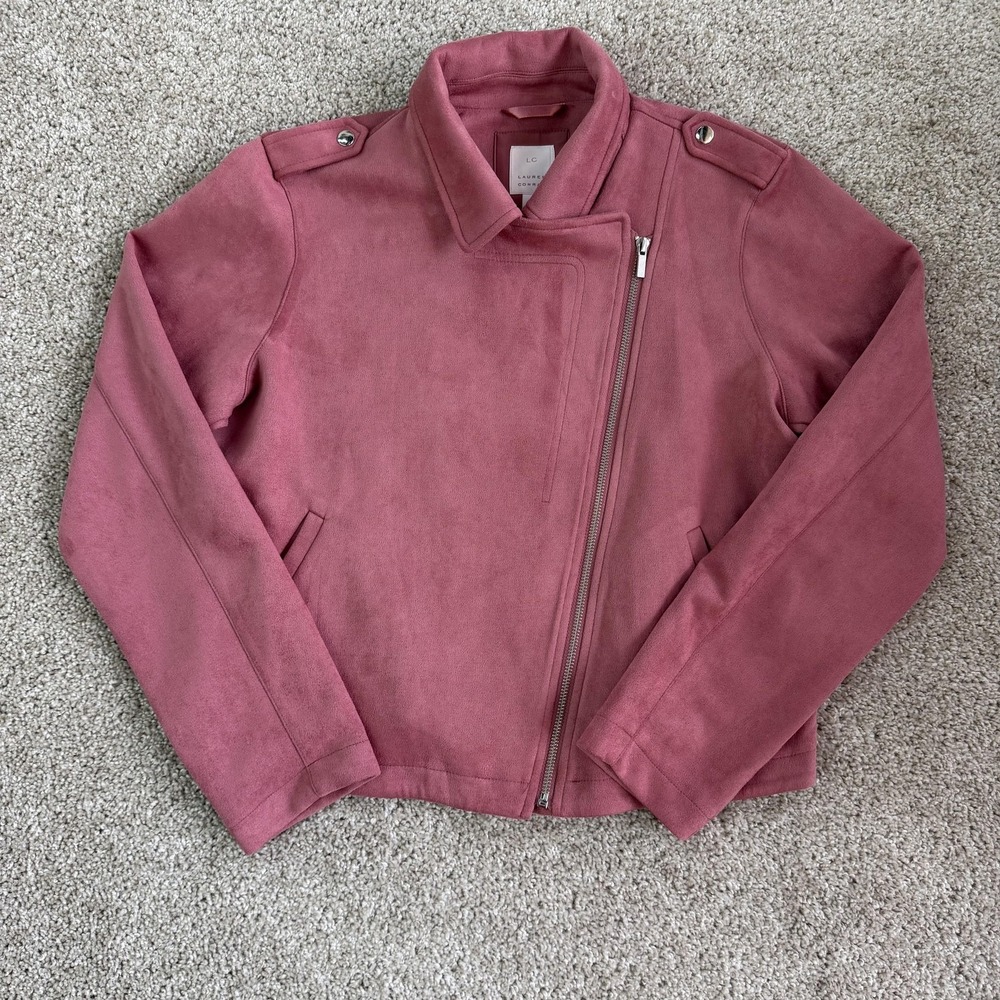 Lauren Conrad Jacket Womens Large Pink Faux Suede Moto Full Zip Lined Pockets